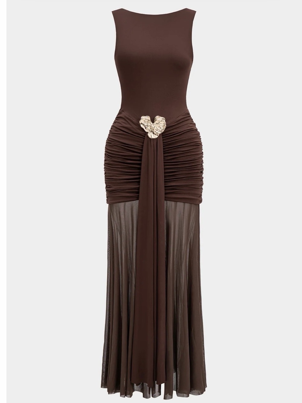 Mica's Sleeveless Brown Ruched Maxi Backless Dress with Gold Accent NWT